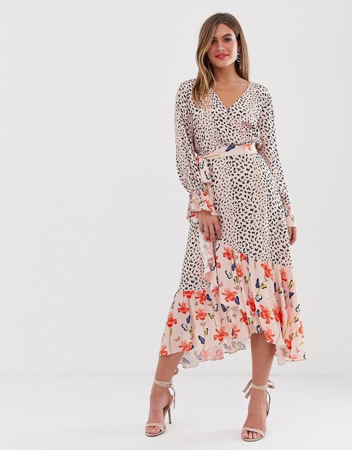 Dark Pink Wrap Midi Dress In Mixed Print-multi