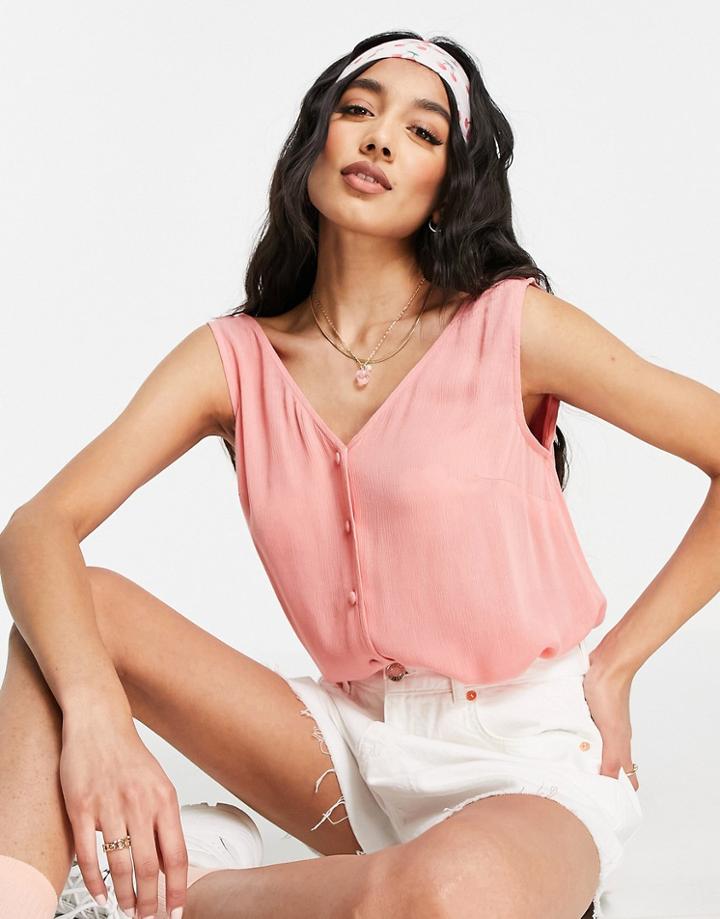 Asos Design V Neck Button Front Crinkle Tank In Pink