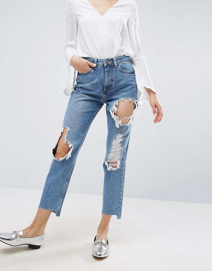 Asos Original Mom Jeans In Phoebe Mid Stonewash With Busts And Stepped