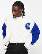Asos Design Oversized Varsity Jersey Jacket In Sherpa With Badging-neutral