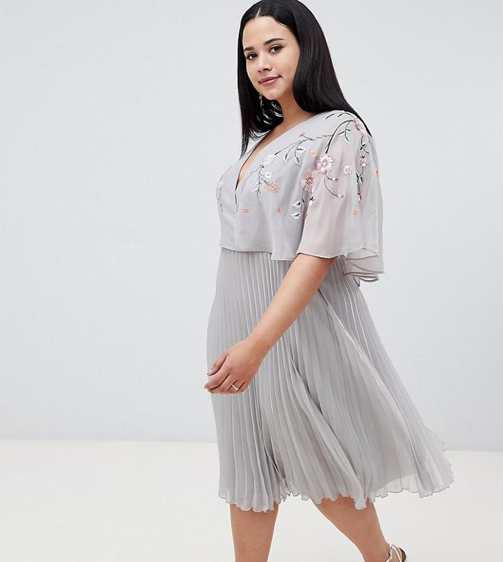 Asos Design Curve Flutter Sleeve Midi Dress With Pleat Skirt In Embroidery - Multi