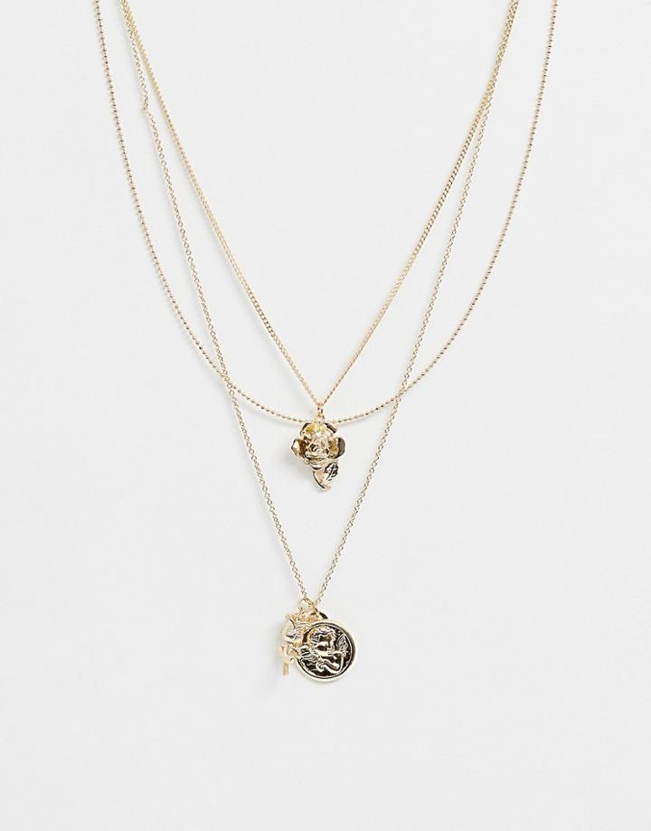 Asos Design Multirow Necklace With Gardenia And Cupid Pendants In Gold - Gold