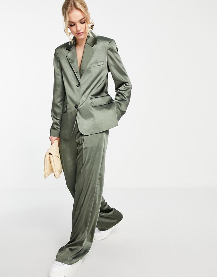 Topshop Satin Low Slung Pants In Khaki - Part Of A Set-green