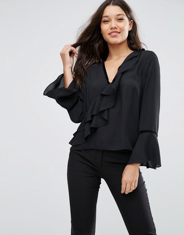 Asos Ruffle Blouse With Velvet Trim - Cream