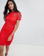 Parisian High Neck Short Sleeve Lace Shift Dress - Red
