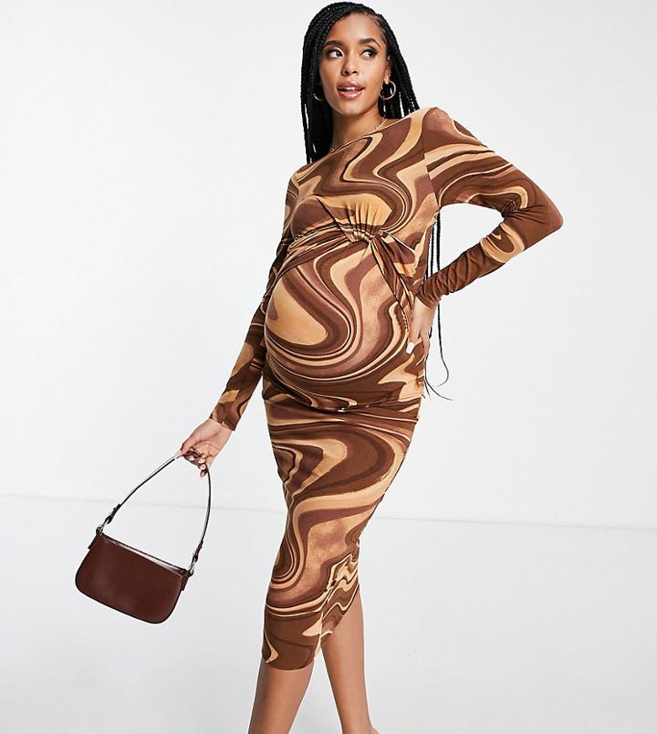 Asos Design Maternity Long Sleeve Front Knot Open Back Midi Dress In Brown Swirl Print-multi