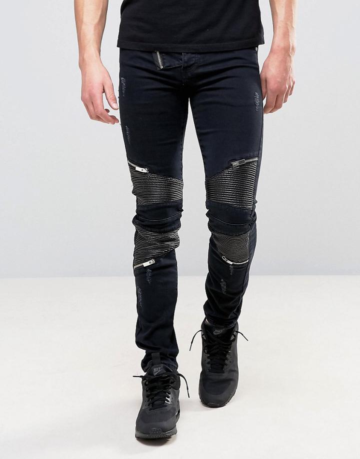 Sixth June Skinny Jeans With Distressing And Faux Leather Biker Patches - Black