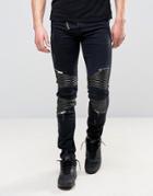 Sixth June Skinny Jeans With Distressing And Faux Leather Biker Patches - Black