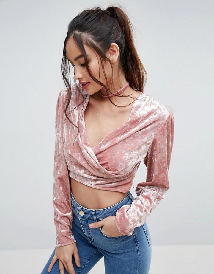 Asos Velvet Wrap Crop Top - Pink