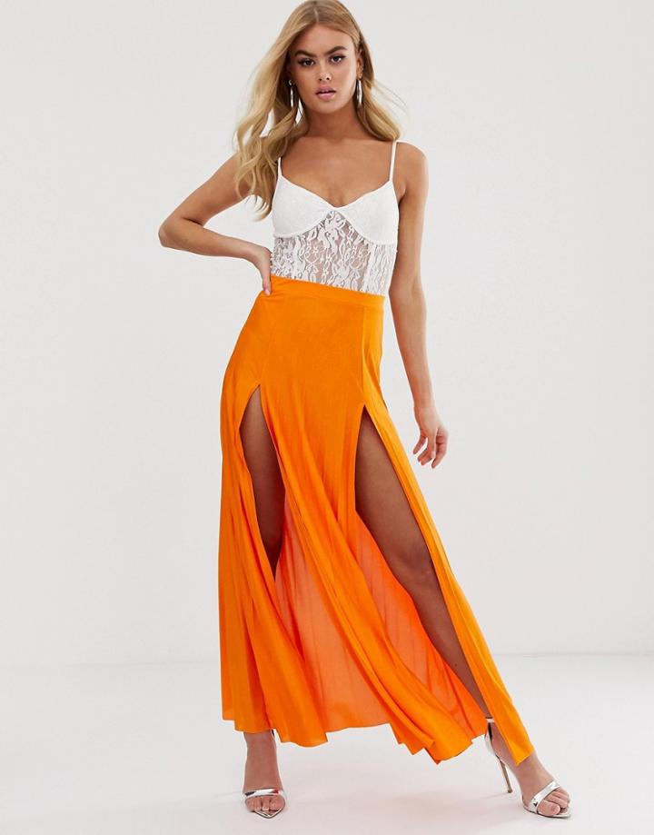 Asos Design Pleated Maxi Skirt With Double Split - Orange