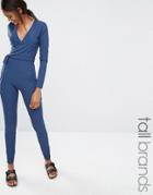 Missguided Tall Ribbed Long Sleeve Wrap Jumpsuit - Navy