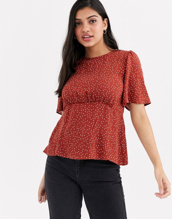 New Look Tie Back Smock Top In Rust Polka Dot-brown