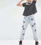 Reclaimed Vintage Raw Hem Jeans With Butterfly Patches - Blue