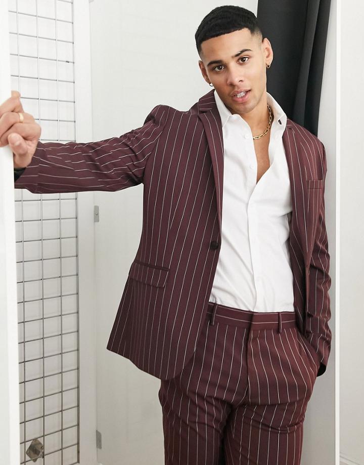 Asos Design Skinny Suit Jacket In Burgundy Pinstripe-red