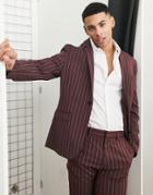 Asos Design Skinny Suit Jacket In Burgundy Pinstripe-red