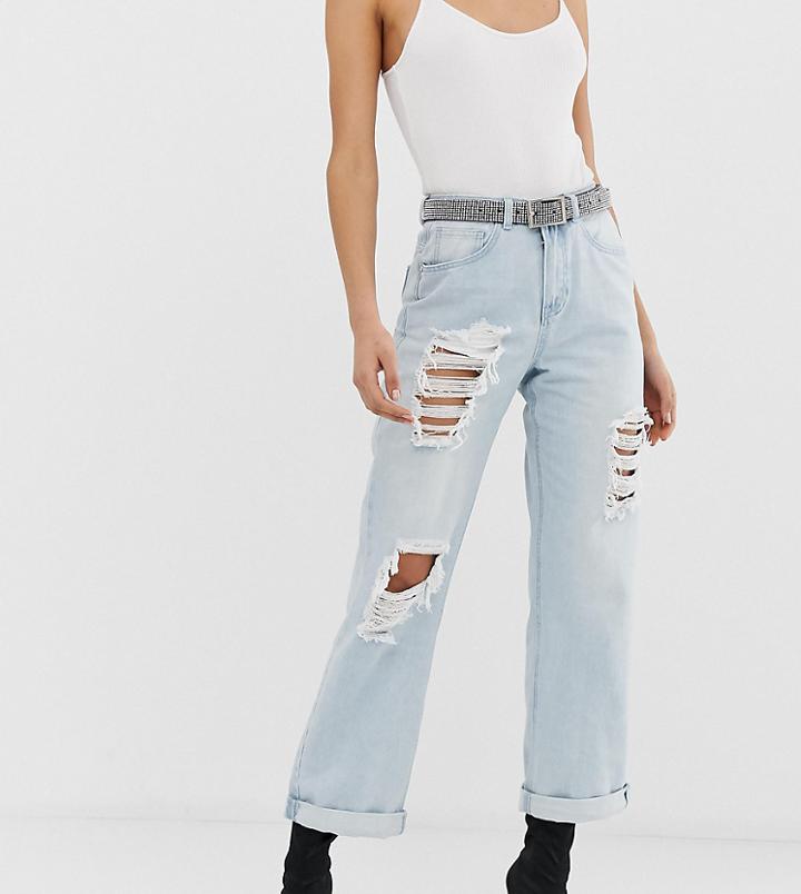 Missguided Distressed Boyfriend Jeans In Light Wash Blue - Blue