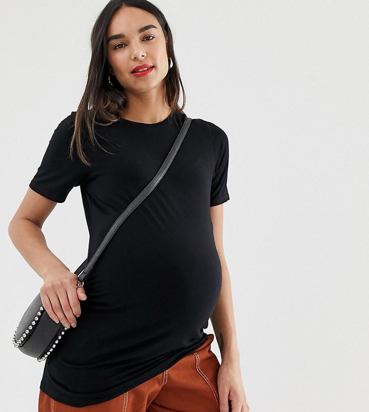 Asos Design Maternity Long Line T-shirt With Ruching Detail In Black