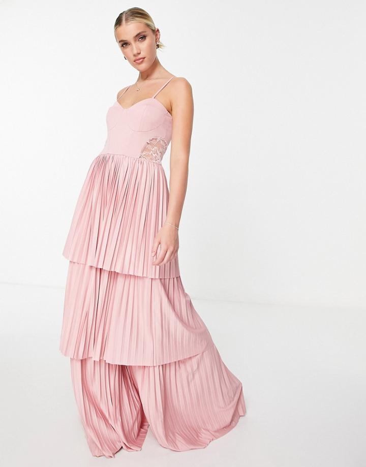 Asos Design Cami Tiered Pleated Maxi Dress With Lace Detail In Blush Pink-multi