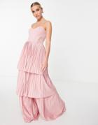 Asos Design Cami Tiered Pleated Maxi Dress With Lace Detail In Blush Pink-multi
