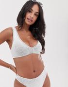 Asos Design Mix And Match Crinkle V Front Crop Bikini Top In White Black-multi