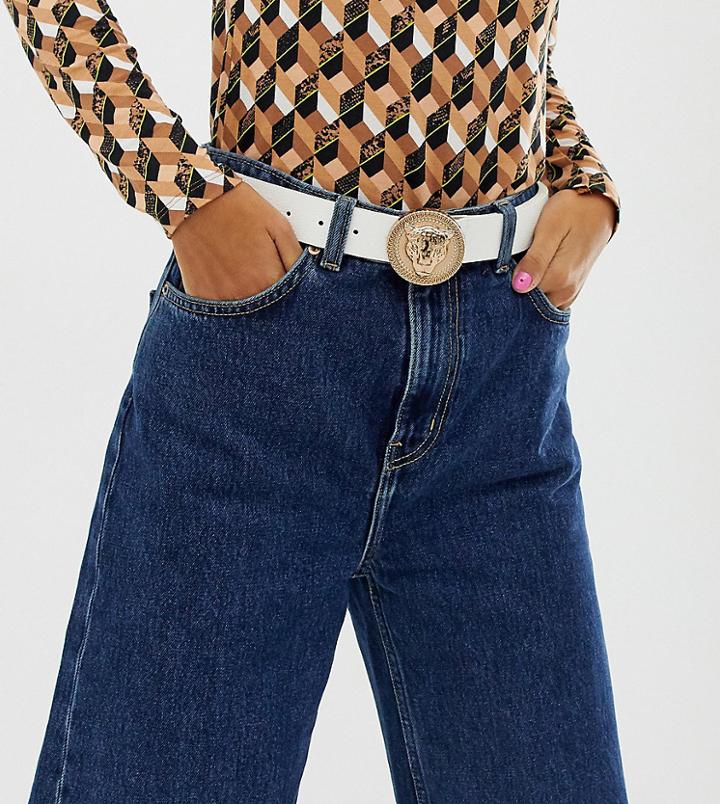 River Island Belt With Gold Buckle In White - White