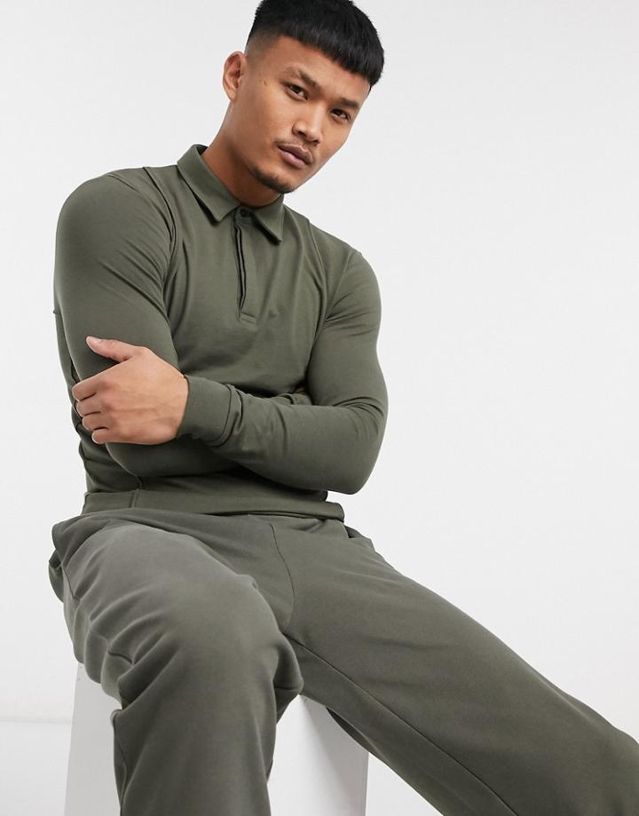 Asos Design Muscle Fit Set Long Sleeve Pique Polo With Piping In Khaki-green