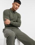 Asos Design Muscle Fit Set Long Sleeve Pique Polo With Piping In Khaki-green
