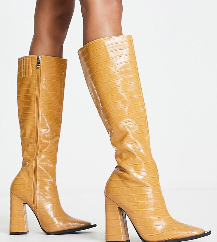 Raid Wide Fit Sphere Heeled Knee Boots In Toffee Croc-brown
