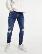 River Island Spray On Jeans With Rips In Mid Blue-blues