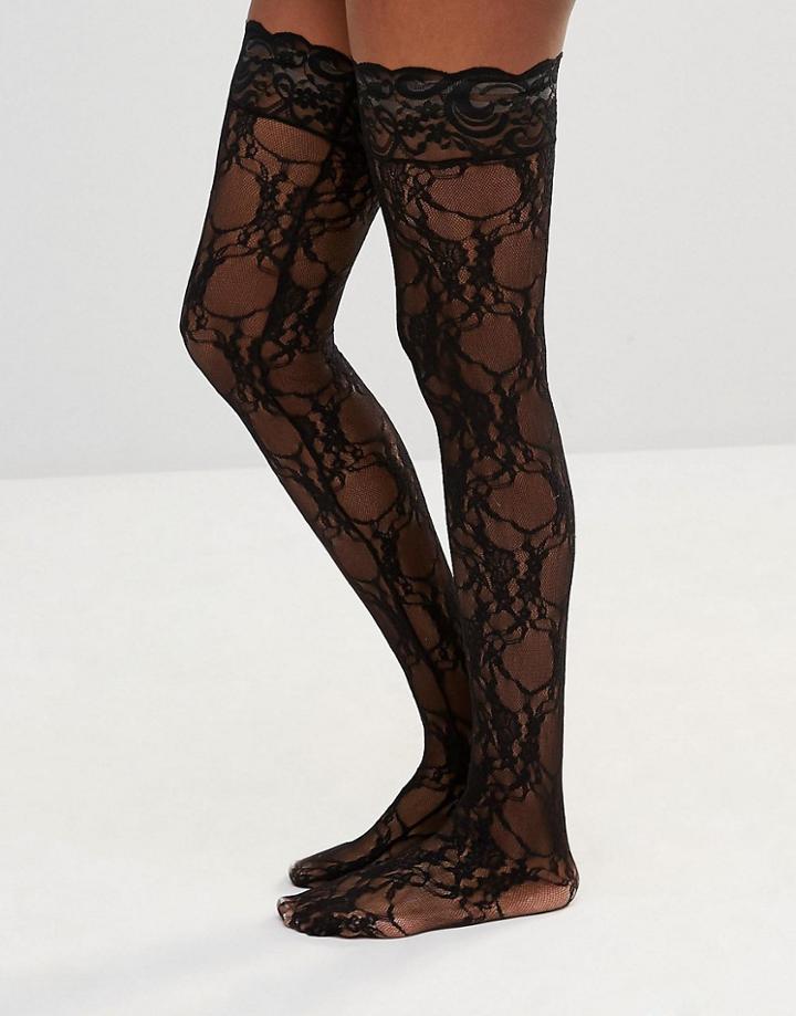 Leg Avenue Stay Up Floral Lace Stockings - Black
