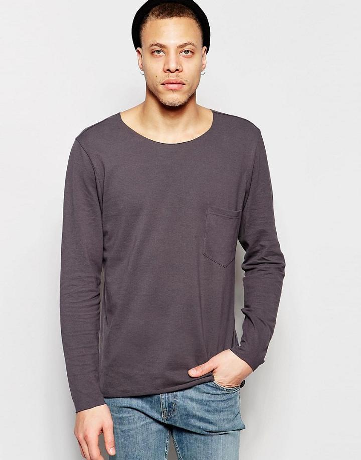 Weekday Rawley Long Sleeve Pique Top Raw Edge In Dark Gray - Gray