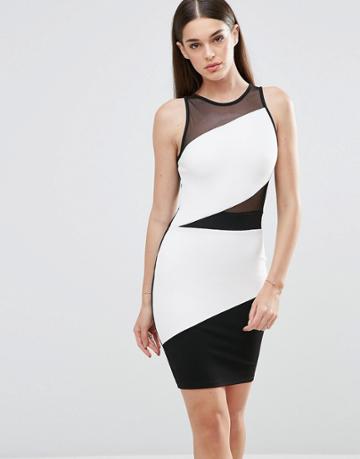 Sistaglam Colourblock Bodycon Dress With Mesh Detail - Black