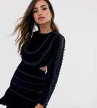 Asos Design Velvet Mini Dress With Lace Trim And Long Sleeve