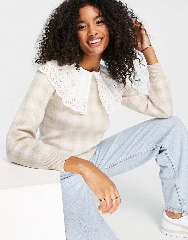 River Island Plaid Sweater With Broderie Collar Detail In Pink