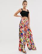 Liquorish Pleated Wide Leg Pants In Abstract Floral - Multi