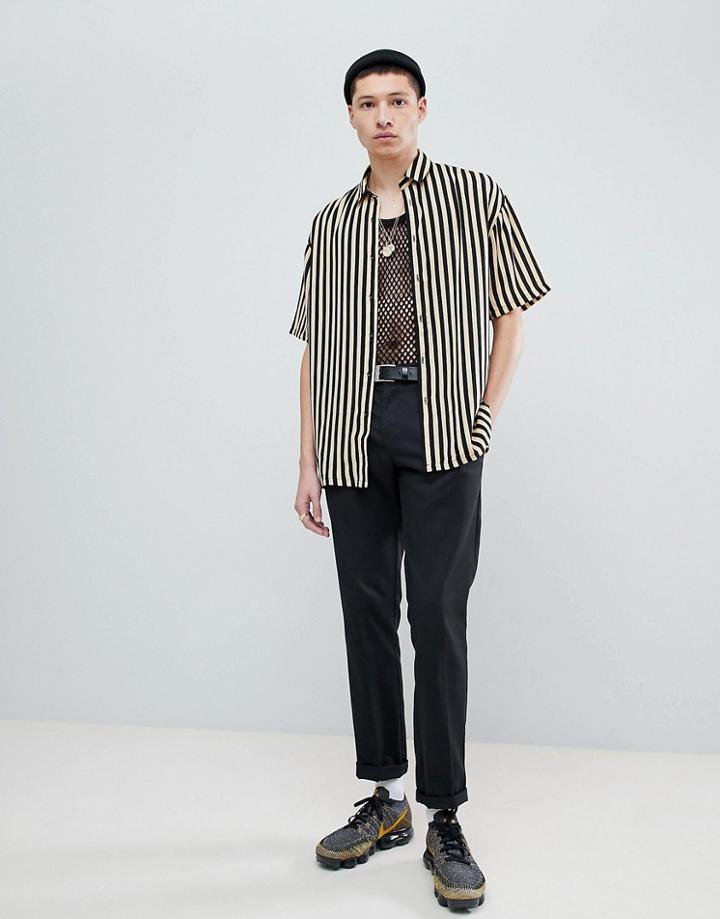 Mennace Oversized Revere Shirt In Yellow Stipe - Yellow
