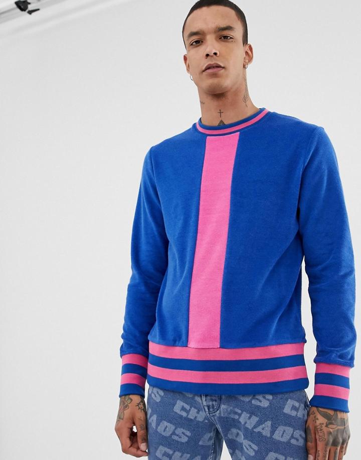 Asos Design Sweatshirt In Towelling With Stripe Ribs In Blue