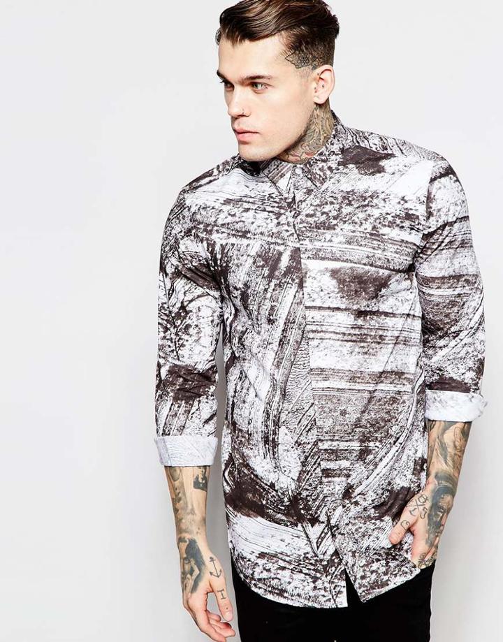 Asos Shirt In Brush Print With Long Sleeves - Black And White