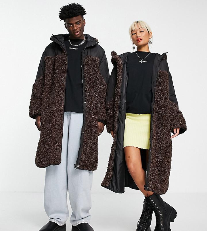 Collusion Unisex Longline Nylon And Sherpa Mixed Coat-multi