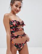 Bershka Cut Out Swimsuit In Tropical Print - Multi