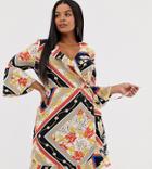 Outrageous Fortune Plus Ruffle Wrap Dress With Fluted Sleeve In Scarf Print - Multi