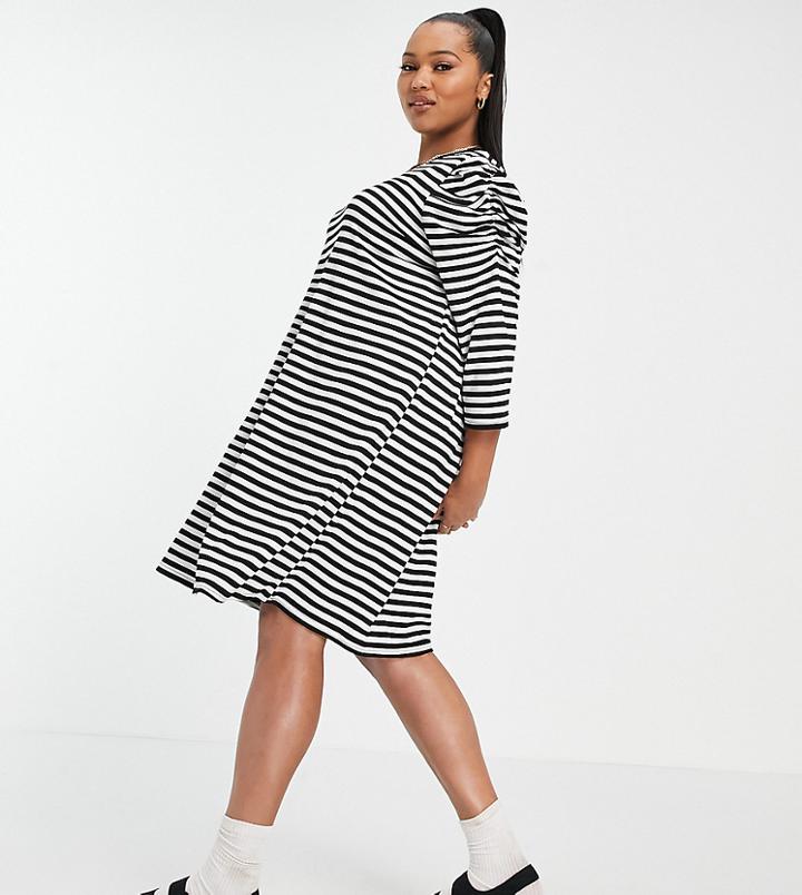 Only Curve Mini Swing Dress With Puff Sleeves In Black Stripe