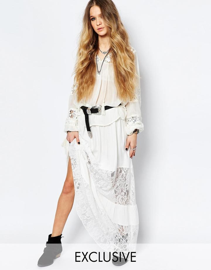Reclaimed Vintage Tiered Maxi Skirt With Lace Inserts - Cream