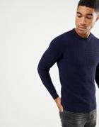 Asos Design Muscle Fit Waffle Textured Sweater In Navy - Navy