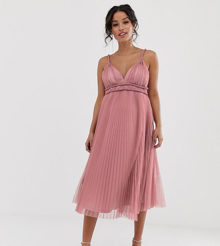 Asos Design Maternity Pleated Tulle Midi Dress With Twist Detail-pink