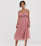 Asos Design Maternity Pleated Tulle Midi Dress With Twist Detail-pink