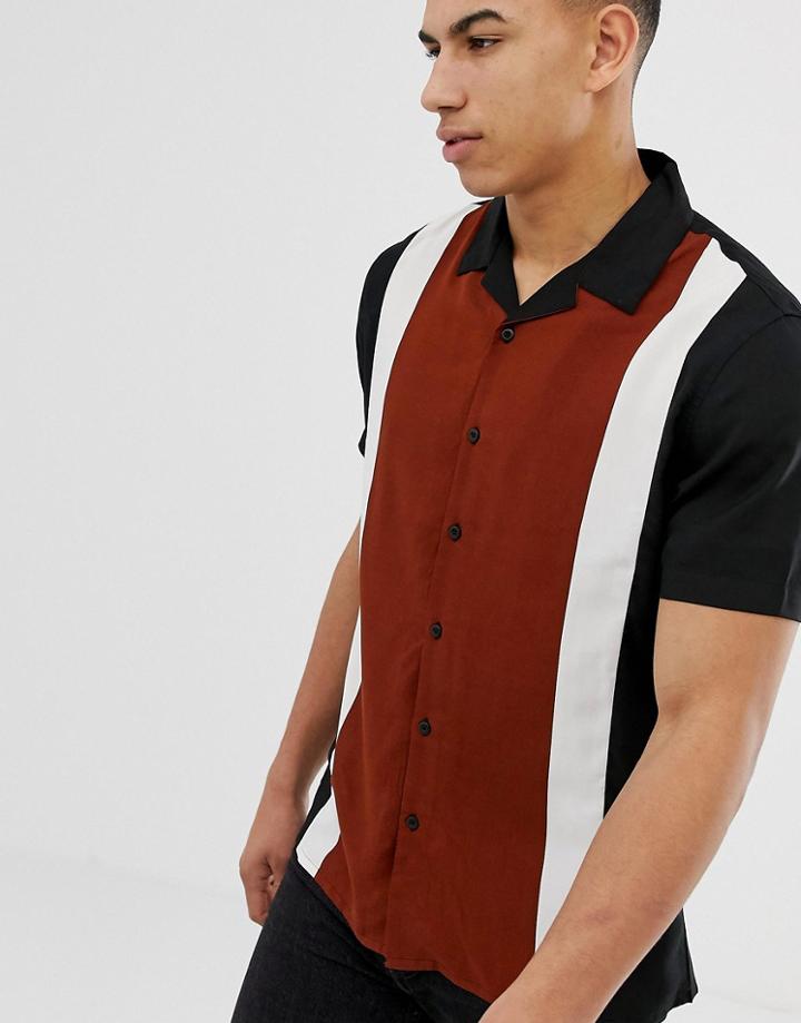 New Look Viscose Revere Shirt In Black Stripe - Tan