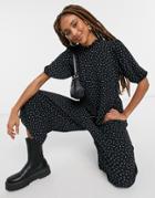 Asos Design Frill Neck Smock Jumpsuit In Polka Dot-multi