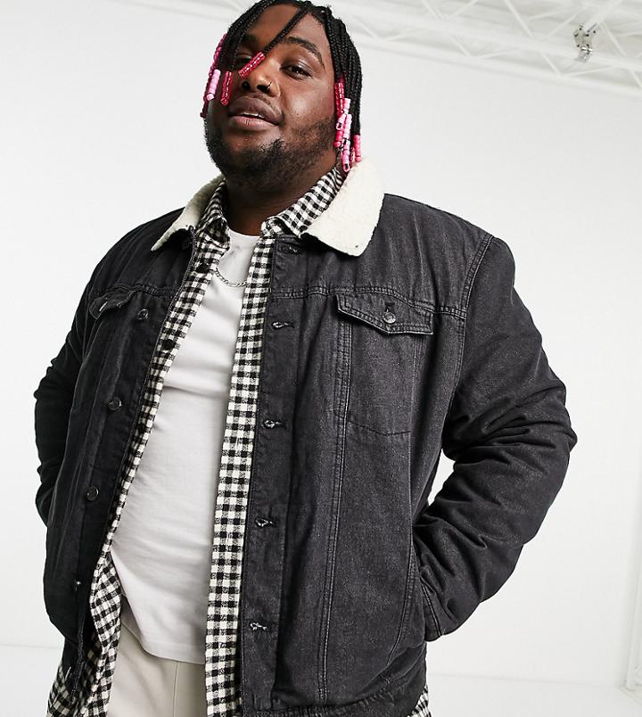 Threadbare Plus Denim Jacket With Sherpa Lining And Collar In Black