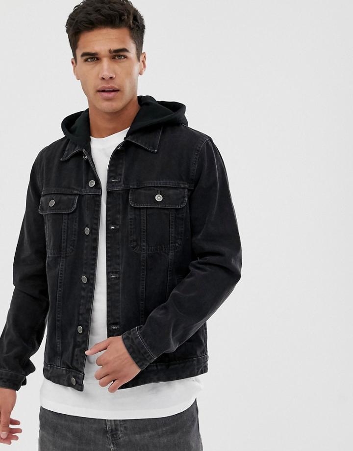 Asos Design Denim Jacket With Jersey Hood In Washed Black - Black